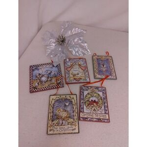 Bundle 5 Christmas Ornament Wood Mini‎ Small Sign Baby Jesus Joy Snowman